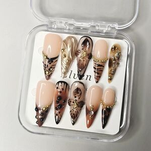 Elegant Nude and Black Leopard Print Press On Nails With Floral Stiletto Shape
